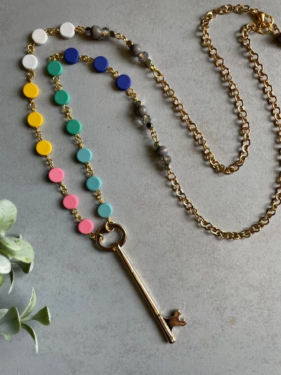Pastel and Gold Tone Key Necklace | Handmade ...