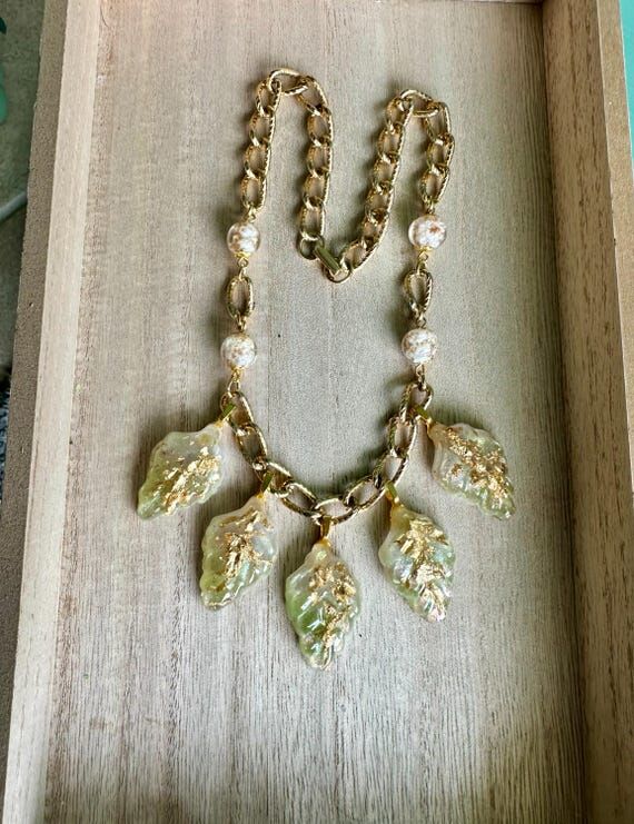 Chunky Opalite and Gold toned Resin Pendant N...