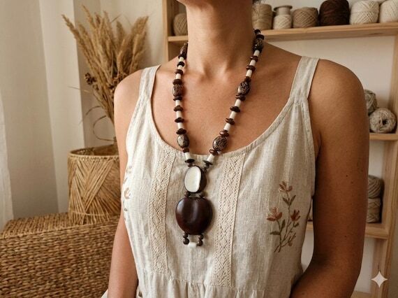 Handmade ethnic necklace, white tagua necklac...