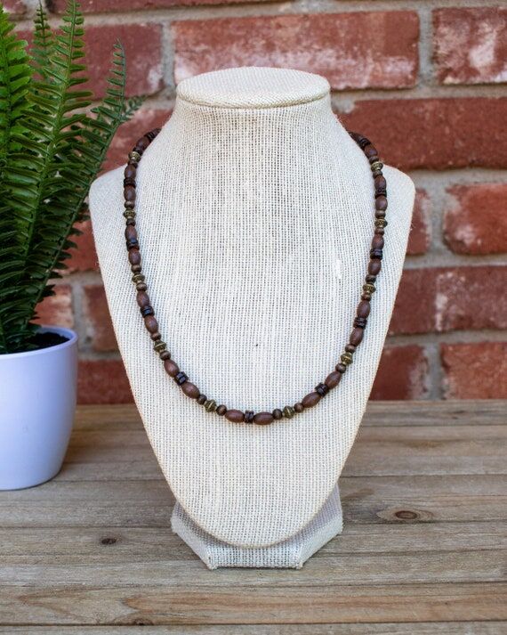 Boho Wood Necklace with Antiqued Brass Colore...