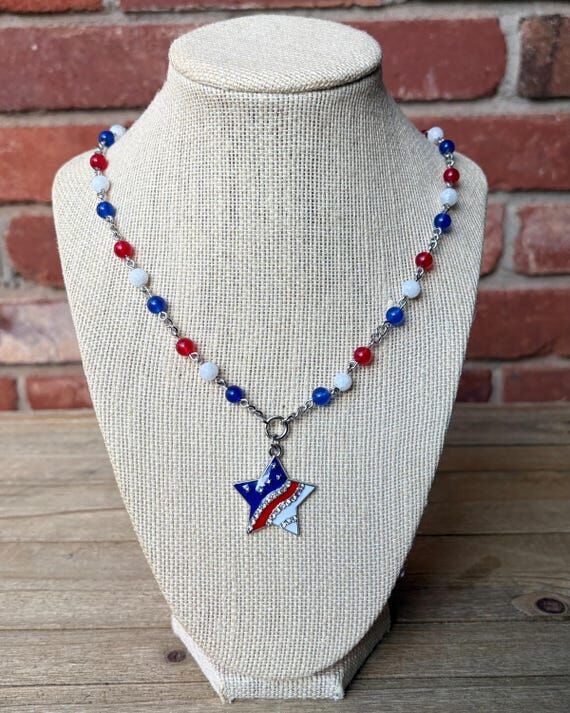 Beaded Boho 4th of July Star Necklace with Si...