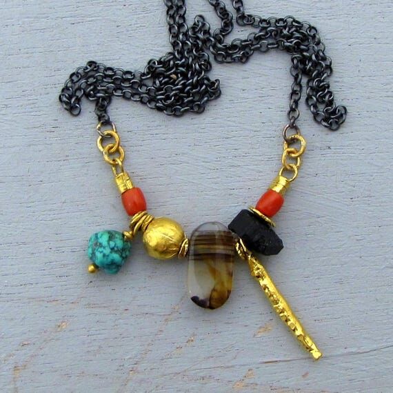 Solid 24k Gold and Gemstone Beads Necklace - ...