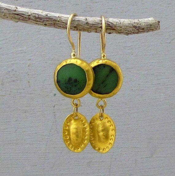 Chrysoprase Dangle Earrings - 24k Gold Earrin...