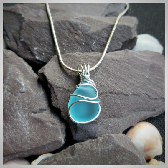 Blue Sea Glass Pendant Necklace: Silver Wire ...