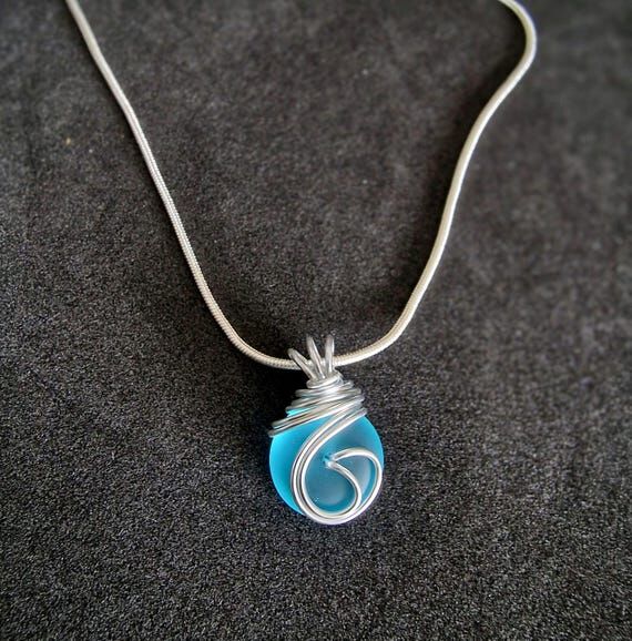 Blue Sea Glass Pendant Necklace, Silver Wire ...