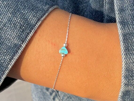Dainty Sterling Silver Turquoise Heart Bracel...