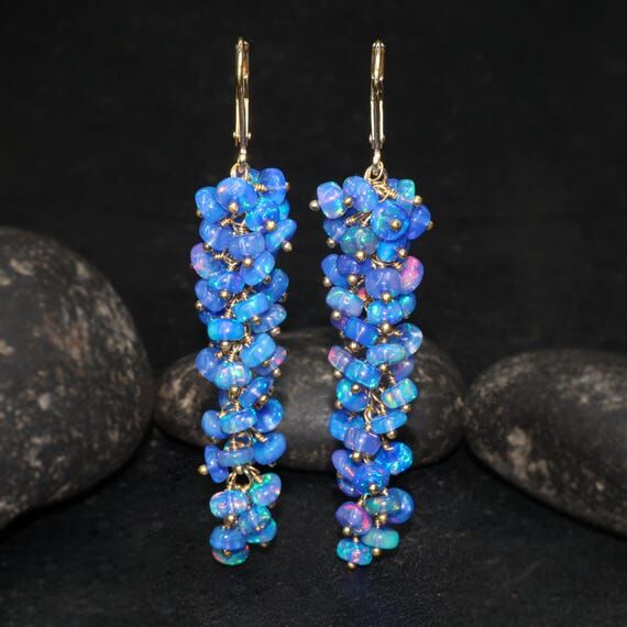 Rare Fire Blue Opal beaded cluster earrings, ...