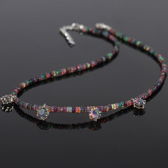 Natural Black fire Hexagon opal charm necklac...