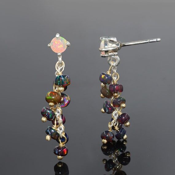 Black fire opal beaded earring, cluster earri...