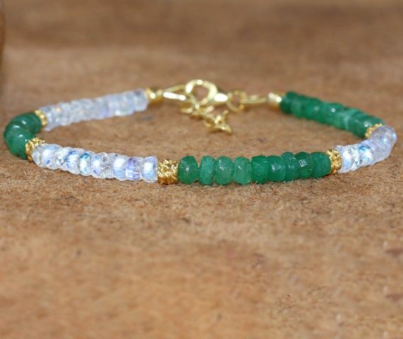 Natural white Rainbow moonstone and Green Eme...