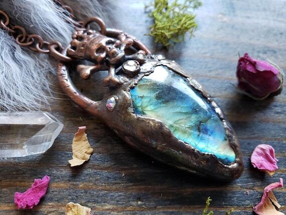 Copper Skull and Labradorite Necklace | Coppe...