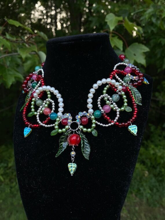 Whimsical Red Berry Pearl Beaded Necklace, El...