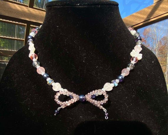 Handmade Pink Glass Bow Necklace, Cute Neckla...