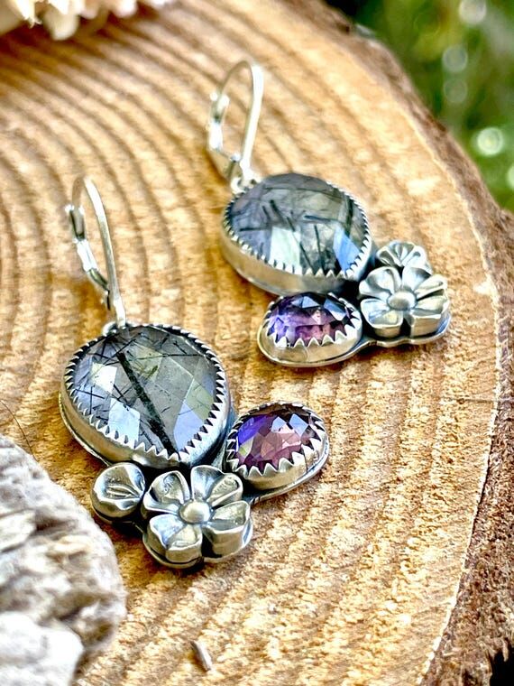 Rutilated Quartz And Amethyst Earrings: Handm...