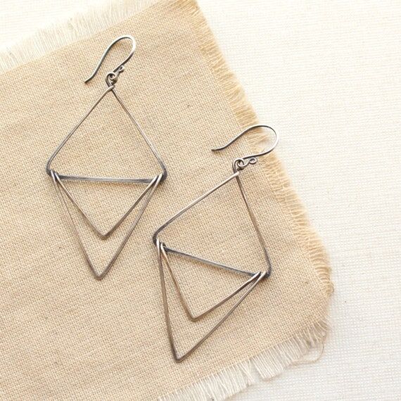 Oxidized Silver Triple Triangle Earrings, Uni...