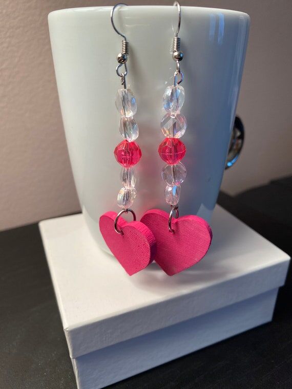 Pink Bead Wooden Heart Earrings, upcycled ear...