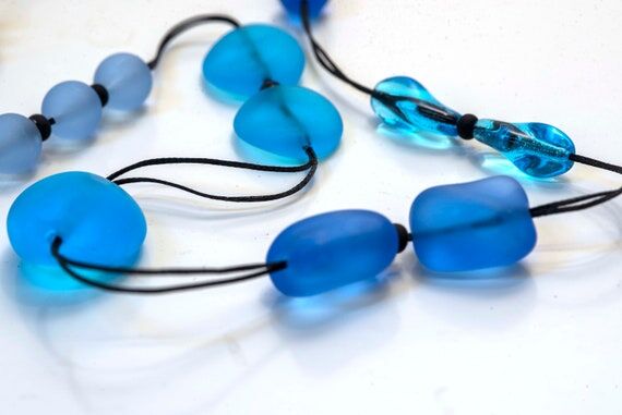 Murano Glass Necklace, Blue Beaded Long Neckl...