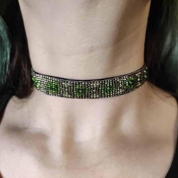 Emerald Forest Choker - Handwoven Beaded Neck...
