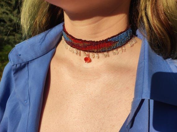 Sunset Beaded Choker: Handmade Red & Blue Cry...