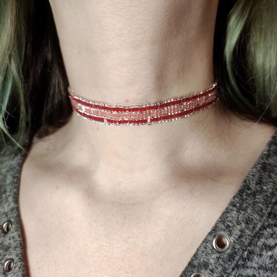 Coral Glow Beaded Choker — Handmade Wide St...