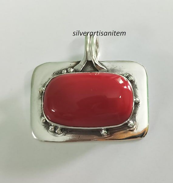 Handmade Red Coral Sterling Silver Pendant,Bo...