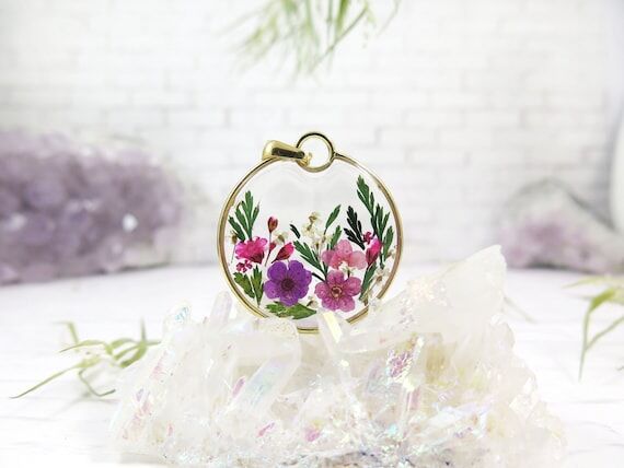 Pressed Flower Resin Necklace - Gold Bezel Pe...