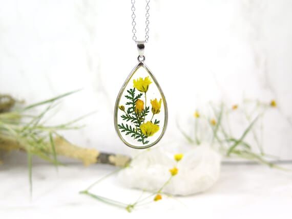 Yellow Baby's Breath necklace in teardrop sha...