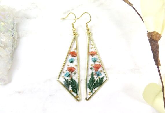 Pressed Flower Resin Earrings: 18K Gold Plate...