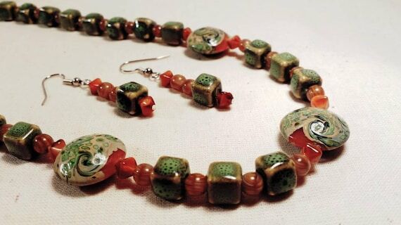 Green and Brown Necklace and Earrings Set wit...