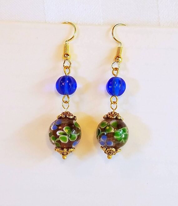 Blues Green Floral Lampwork Earrings with Blu...