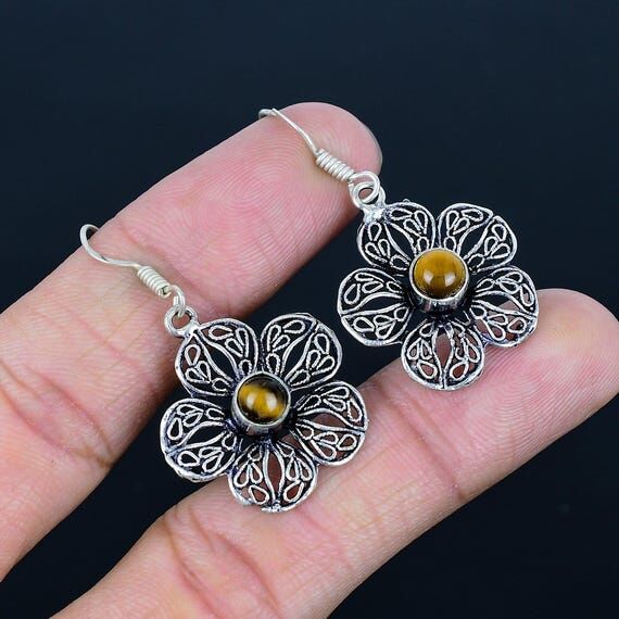 Tiger's Eye Flower Earrings: Vintage Sterling...