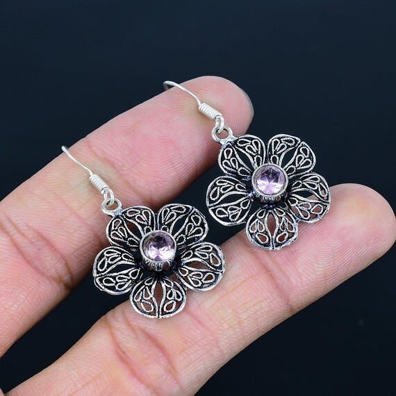 Handmade Pink Kunzite Flower Earrings: Sterli...