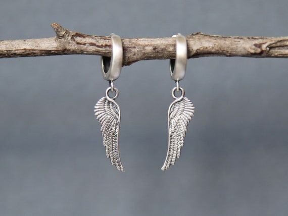Oxidized Sterling Silver Angel Wing Earrings:...