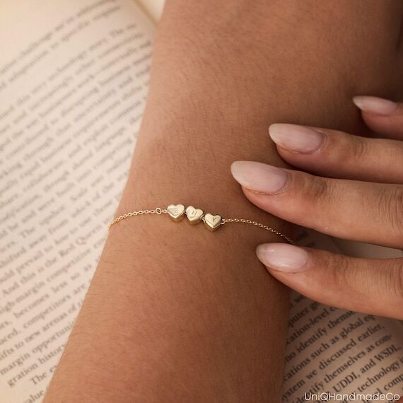 Tiny 3D Initial Heart Charm Bracelet, Custom ...