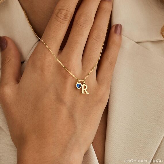 Dainty Initial Necklace with Heart Birthstone...