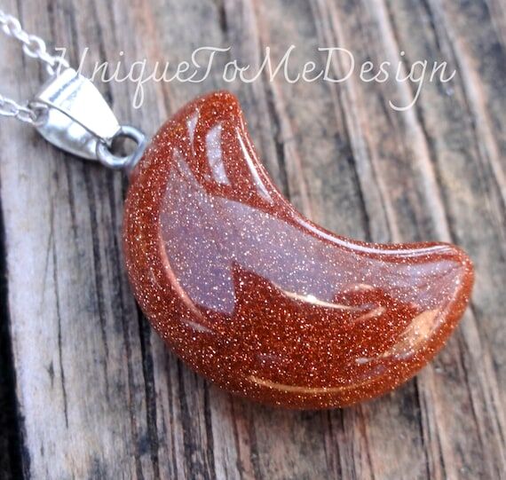 Goldstone Moon Pendant: Carved Sterling Silve...