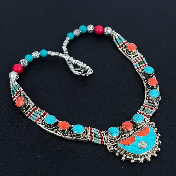 Handmade Turquoise & Coral Tibetan Silver Nec...