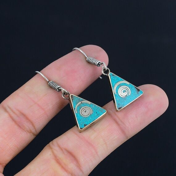 Handmade Turquoise Tibetan Silver Dangle Earr...