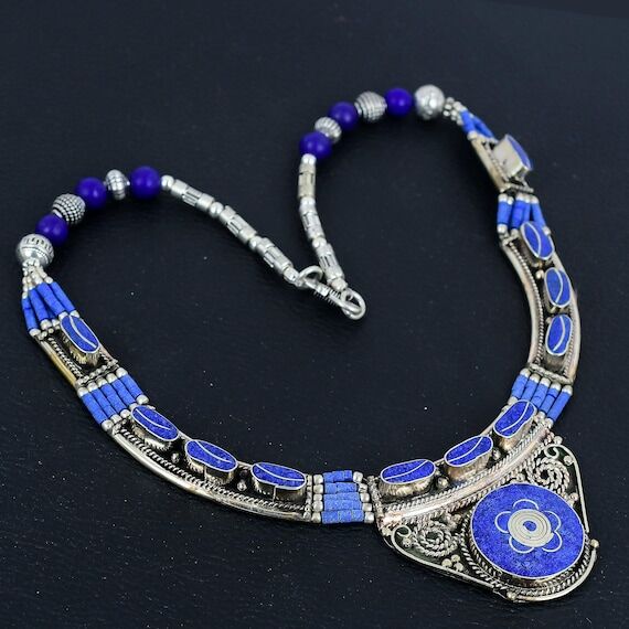 Lapis Lazuli Tibetan Silver Necklace: Handmad...