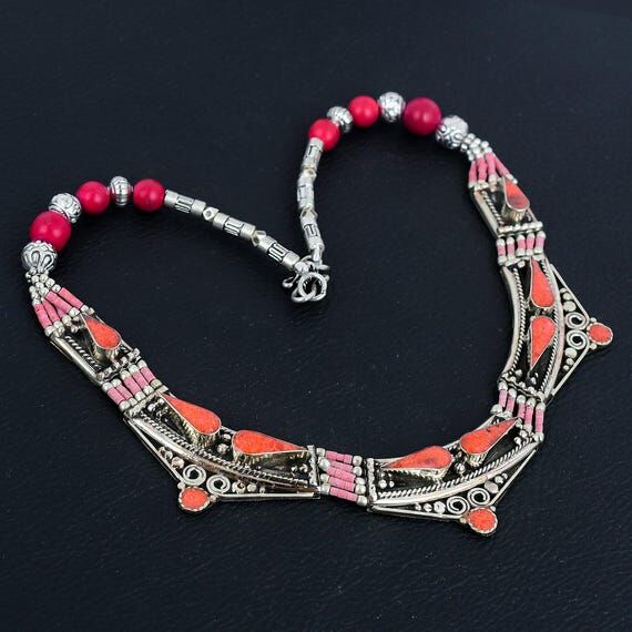 Red Coral Tibetan Silver Necklace: Handmade S...