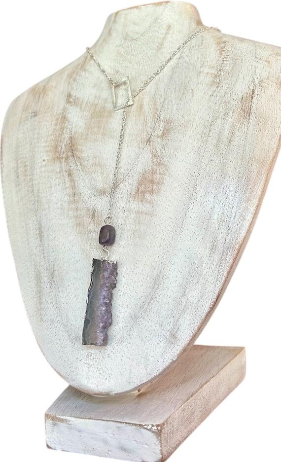 Sliced Amethyst druzy bar & bead pendulum lar...