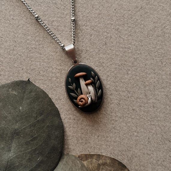 Snail and Mushroom Pendant Necklace | Handmad...