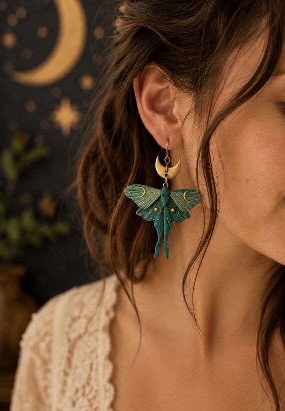 Cosmic Moth Earrings | Celestial Polymer Clay...