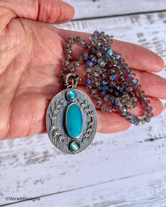 Hand-Knotted Labradorite Necklace: Sterling S...