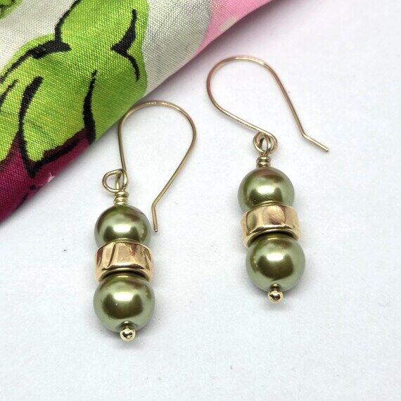 Green Glass Pearl earrings for women, gold fi...