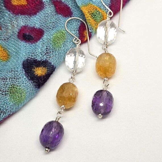 Mixed gemstone dangle earrings, Amethyst, Cit...