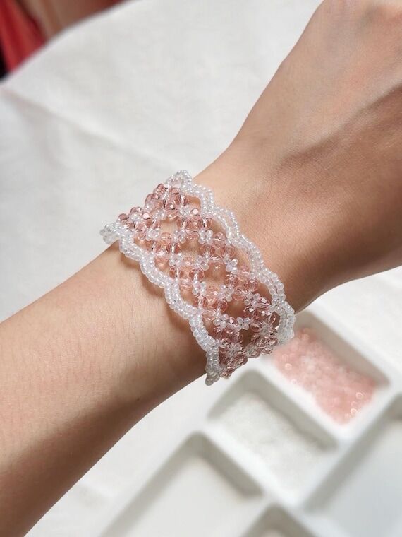 Handmade Lace Blossom Bracelet: Pink Rondelle...