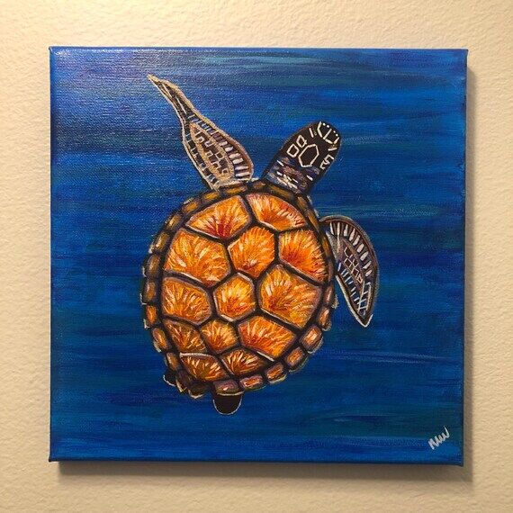 Golden Sea Turtle with Blue Background- Origi...