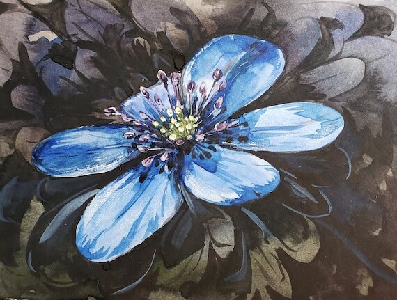 Blue Flower on a Black Background Original Wa...