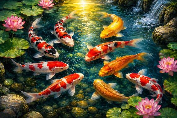 9 Koi Fish Good Luck Painting, Lucky Prosperi...